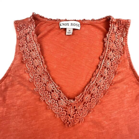 Knox Rose Tank Top Size M 100% Cotton Washed Coral Lace Flower Panel Sleeveless - Picture 1 of 12